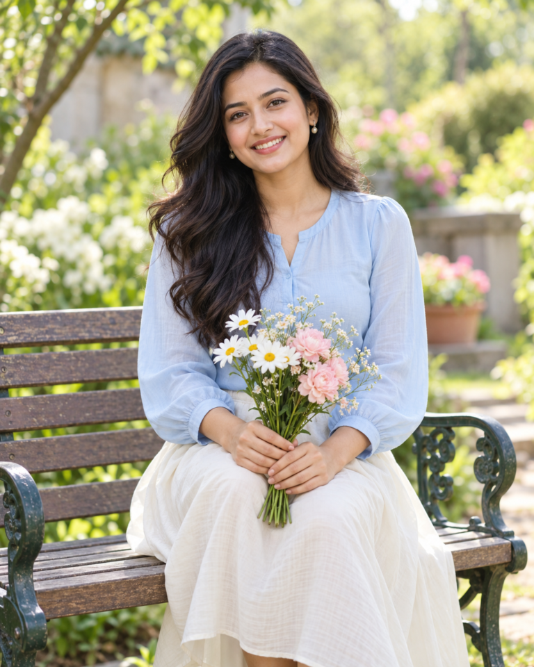 AI-generated sample of a seated woman holding pink and white flowers